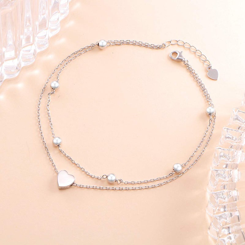 FLYOW Anklet for Women S925 Sterling Silver Adjustable Foot Beaded Heart Charm Ankle Bracelet Anklets Jewelry 10 11 Inch - Image 2